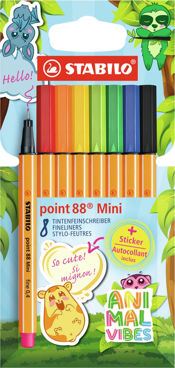 Stabilo point 88 mini - premium fineliner - animal vibes - etui med 8 farver + klistermærke