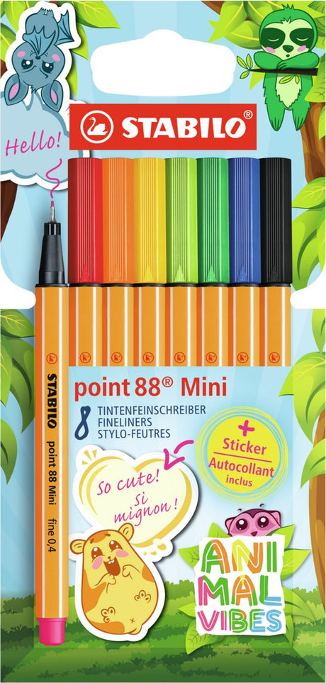Stabilo point 88 mini - premium fineliner - animal vibes - etui med 8 farver + klistermærke