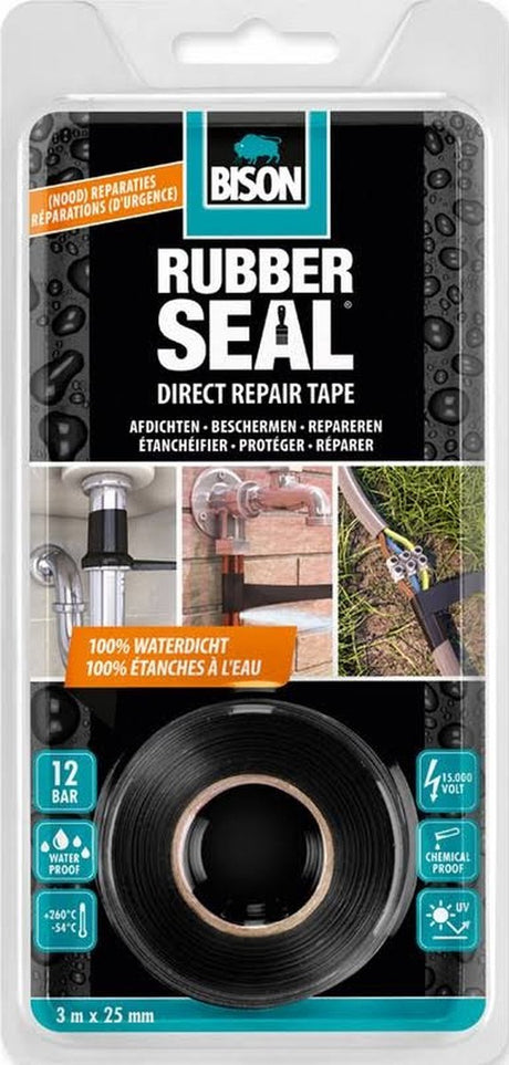 Bison gummitætning direkte reparationstape 3 meter x 25 mm - direkte reparation, stærk reparationstape, straks 100% vandtæt, indendørs og udendørs, reparation, forstærk, forsegl, tilslut
