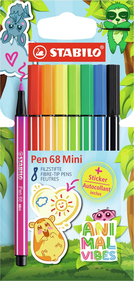 Stabilo pen 68 mini - premium filtpen - animal vibes - etui med 8 farver + klistermærke