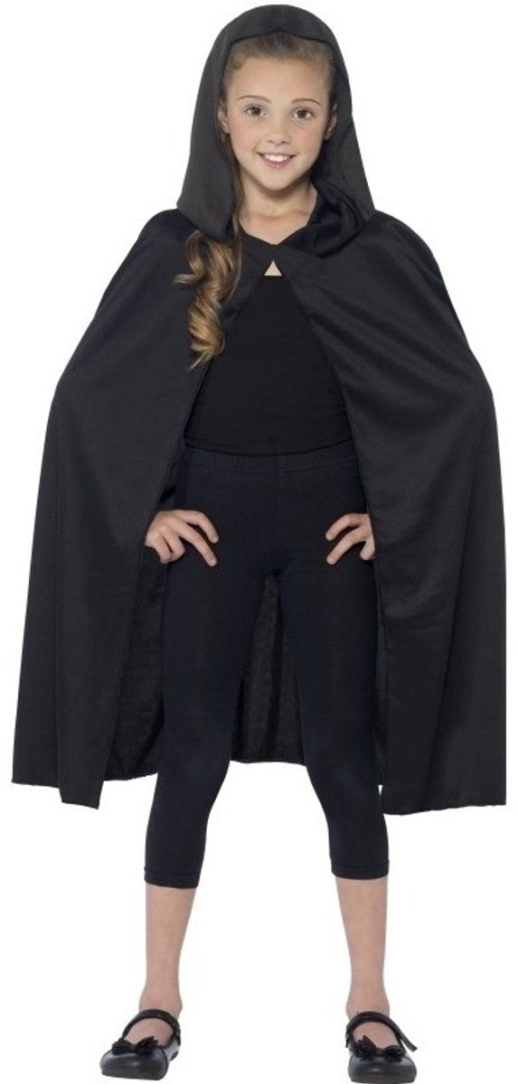 Smiffys dress up cape med hætte - sort - til børn - polyester - kappe - dress up tøj