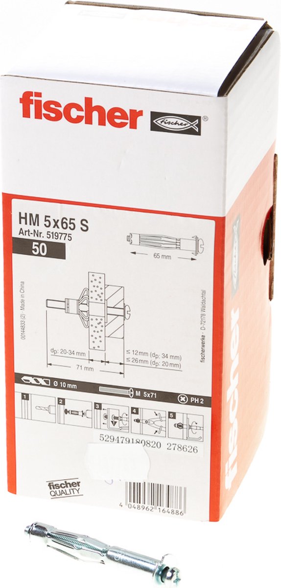 Fischer hul vægprop 5x65mm hm 5x65 s 519775 (50 stk.)