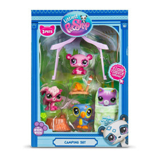 Bandai littlest pet shop - campingsæt pakke 3 dyr og tilbehør - littlest pet shop lps panda egern tukan - mini sød dyrefigur legetøjssæt - legetøj til børn i alderen 4 år og + - bf00574
