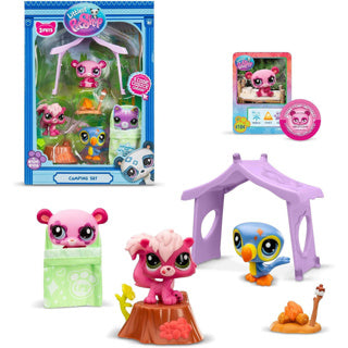 Bandai littlest pet shop - campingsæt pakke 3 dyr og tilbehør - littlest pet shop lps panda egern tukan - mini sød dyrefigur legetøjssæt - legetøj til børn i alderen 4 år og + - bf00574