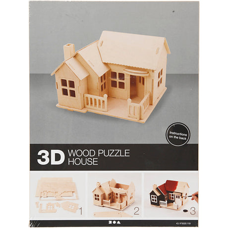 Creativ company 3D byggesæt i træ, hus med terrasse, mål 19x17,5x15, 1 stk.