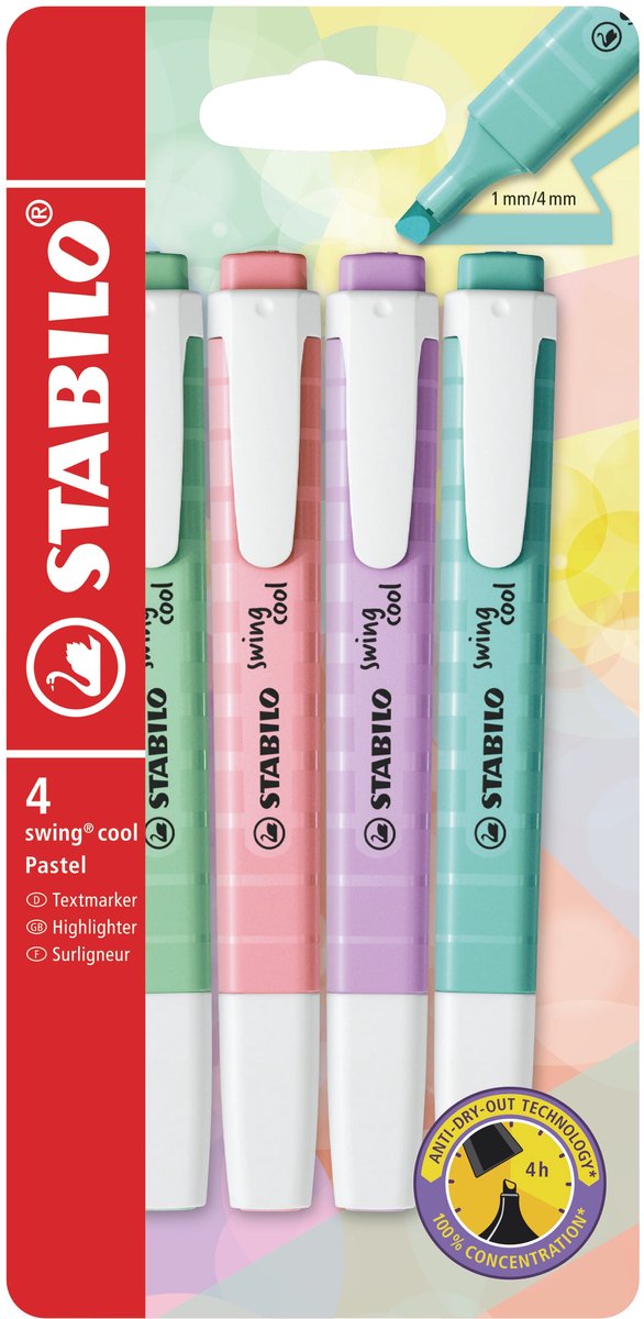 Stabilo swing cool - highlighter - perfekt til på farten - pastel - etui med 4 farver
