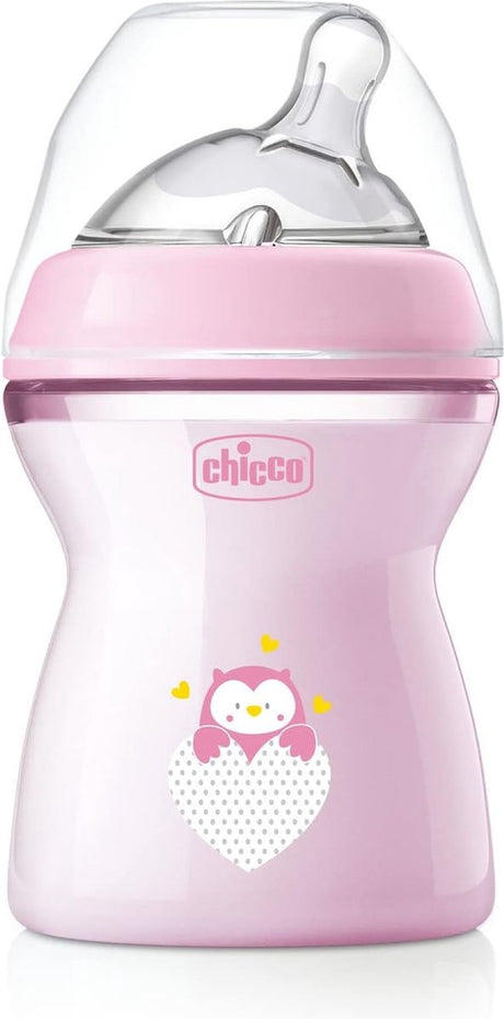 Chicco natural feeling sutteflaske til 2 måneder + 250 ml, flaske med sugekop af blød og fleksibel silikone, velegnet til blandet amning, medium-tæt flow, pink 2+ m