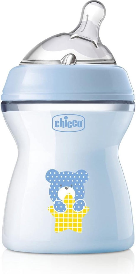 Chicco antikolik sutteflaske med naturlig følelse, 2 måneder + 250 ml, flaske med sugekop af blød og fleksibel silikone, velegnet til blandet amning, medium flow, farve lyseblå 2+ m