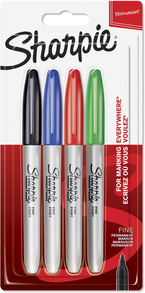 Sharpie permanente markører | fint punkt | sort, blå, rød og grøn blæk | 4 stk