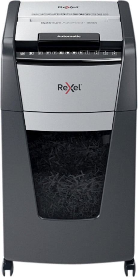 Rexel optimum autofeed+ 300x hviske-støjsvag papirmakulator - p4 makulerer - automatisk fremføring op til 300 ark - 60l - sort