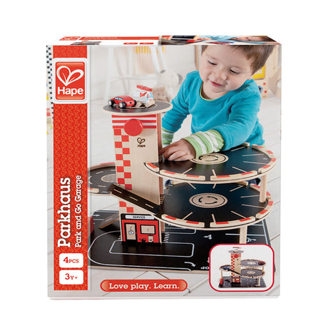 Hape park go garage - legetøjsparkeringshus med lift, helikopter og biler, 3 år+
