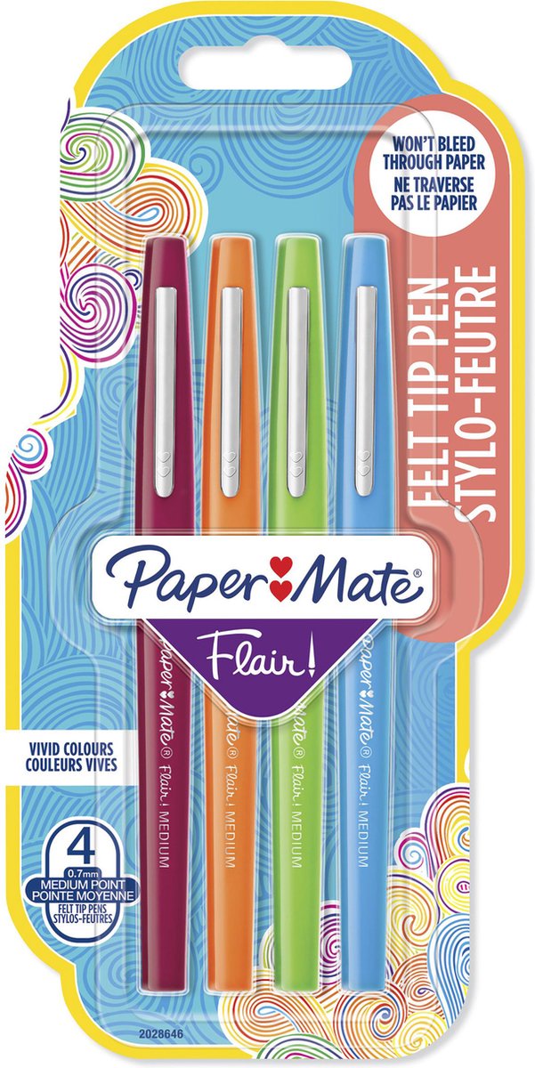 Paper mate flair tuschpenne | mellempunkt (0,7 mm) | forskellige farver | 4 stk