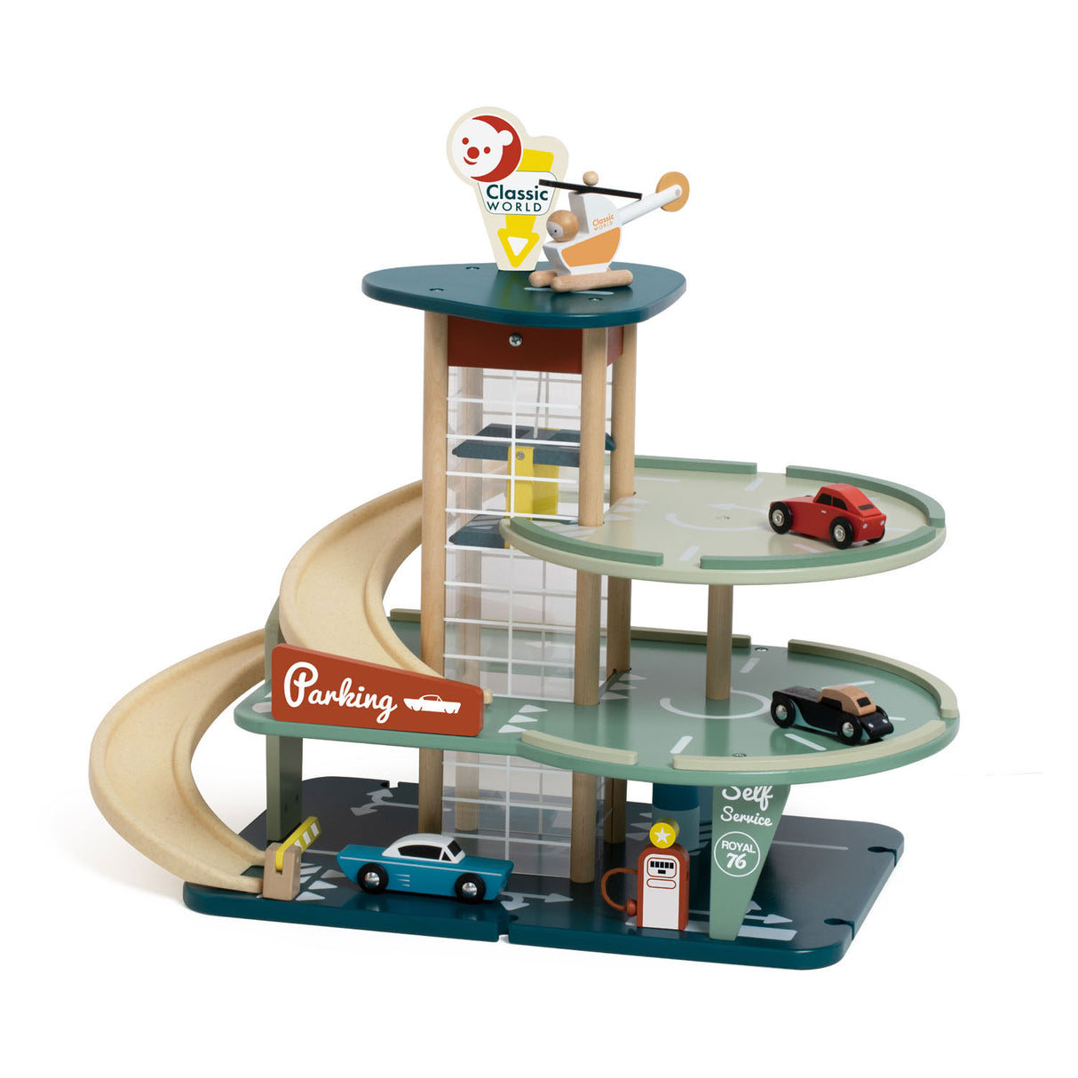 Klassisk vintage garagelegetøj i træ med biler og elevator, 11 stk.