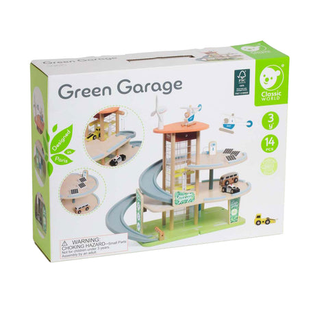 Klassisk verden trælegetøjsgarage bæredygtig med tilbehør 19-delt.