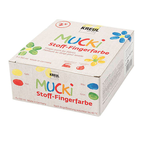 Mucki tekstilfingermaling - 4 x 150 ml fingermaling til tekstiler - farver gul, rød, blågrøn