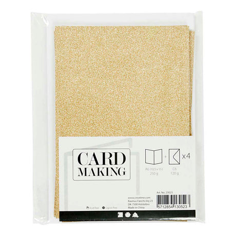 Creativ firmakort og kuverter, kortstørrelse 10,5x15 cm, kuvertstørrelse 11,5x16,5 cm, glitter, 120+250 gr, guld, 4 sæt 1 æske
