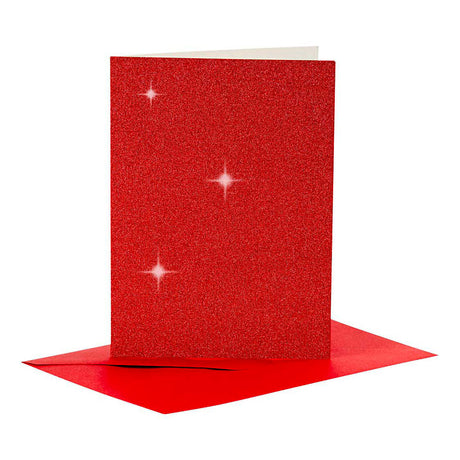 Creativ firmakort og kuverter, kortstørrelse 10,5x15 cm, kuvertstørrelse 11,5x16,5 cm, glitter, 110+250 gr, rød, 4 sæt 1 æske