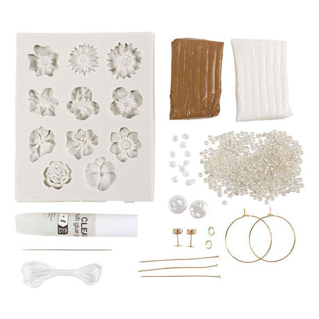 Creativ company mini hobbysæt smykker, øreringe, armbånd og halskæde med blomsterdesign, beige, lys beige, beige, 1 æske