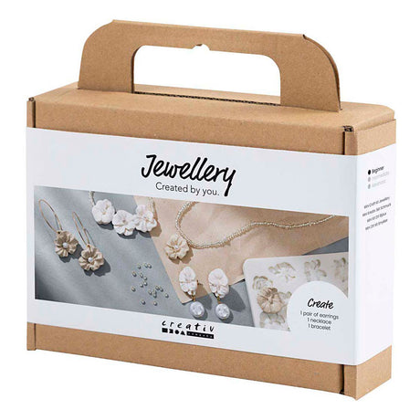Creativ company mini hobbysæt smykker, øreringe, armbånd og halskæde med blomsterdesign, beige, lys beige, beige, 1 æske