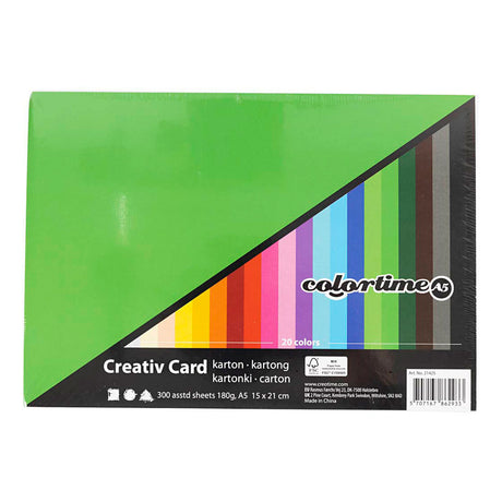 Colortime farvet karton, a5, ark 148x210 mm, 180 gr, forskellige farver, 300 forskellige ark 1 æske