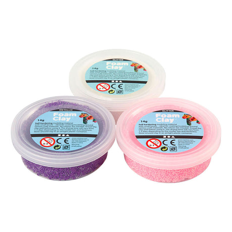 Foam clay ®, glitter, metallic, pink, lilla, hvid, 3x14 gr 1 æske