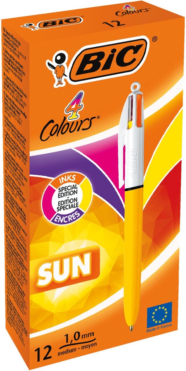 Bic 4 farver sol, kuglepen, 0,32 mm, 4 mode blæk farver, krop gul, æske med 12