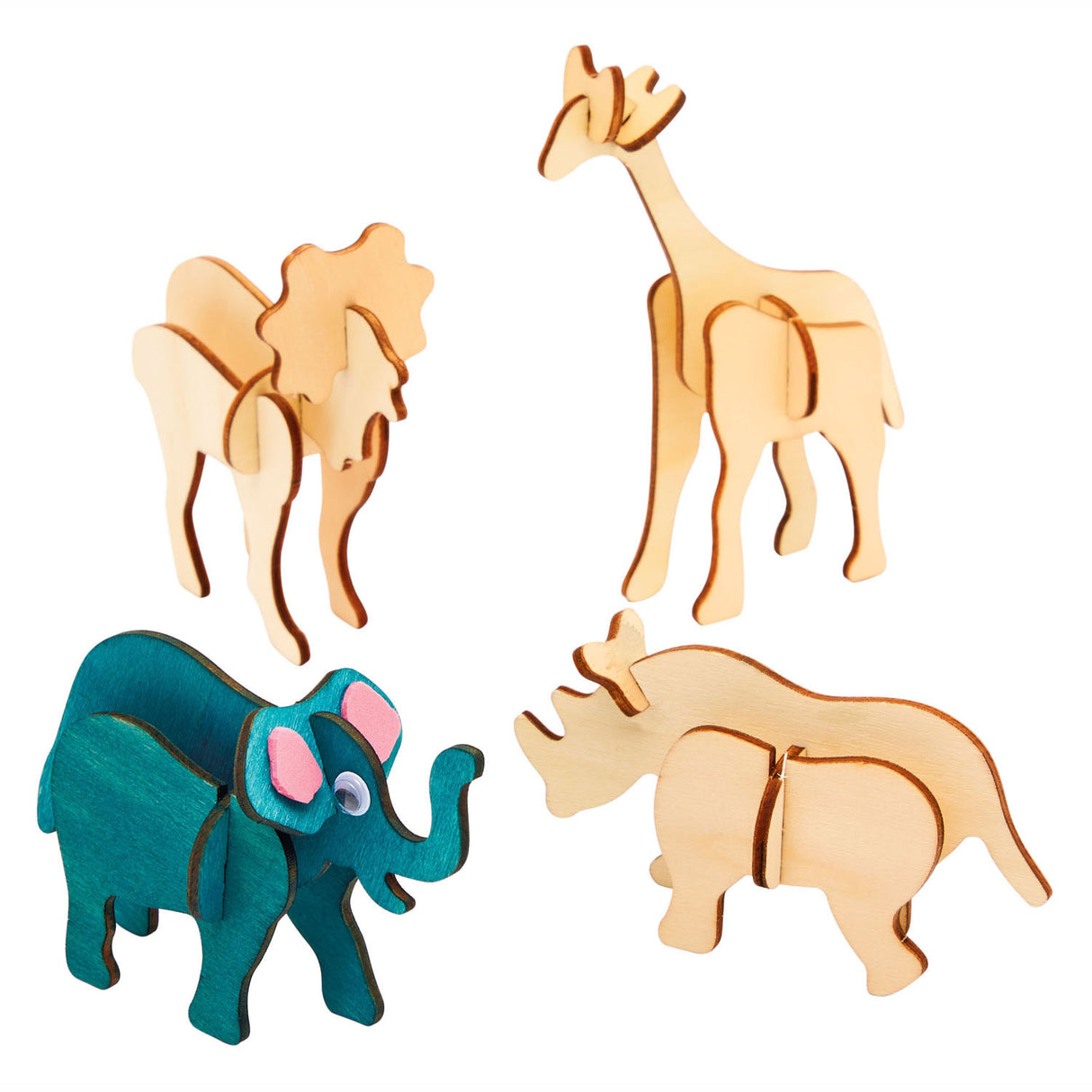 Farve Bouwpacket Houten 3D Jungled Animals, Sæt på 4