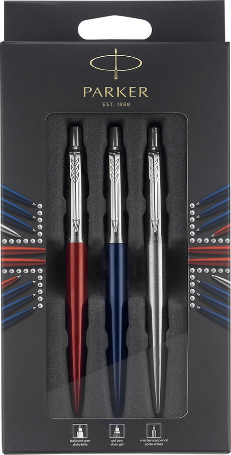Parker Jotter London Trio Discovery gavesæt med kuglepenne og blyant: kuglepen (kongeblå), gelpen (rød Kensington) og mekanisk blyant (rustfrit stål)