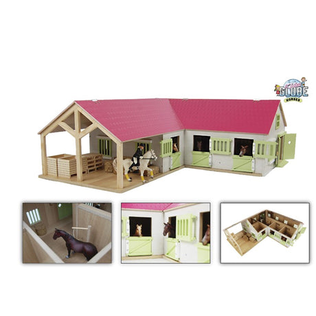 Kids globe hjørne hestestald med 3 bokse og opbevaringsrum 1:24 68x77x27cm pink (ekskl. tilbehør)