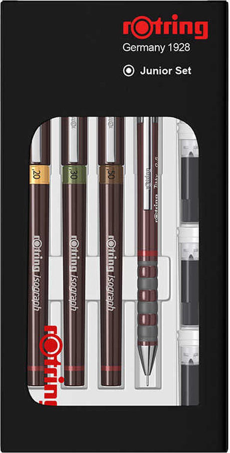 Rotring isogrpah junior pen sæt - 3 fineliners og tikky mekanisk blyant - inkl. 4 blækpatroner