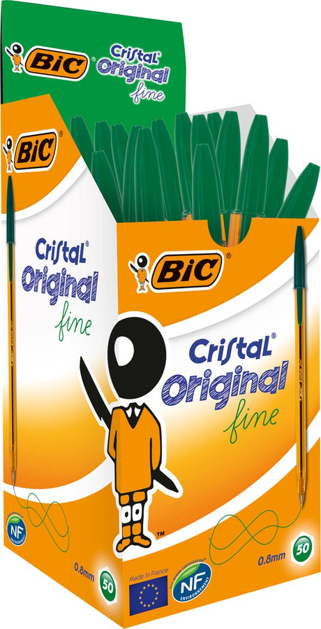 Bic cristal originale tynde kuglepenne - grøn - æske med 50 stykker - tynd spids 0,8 mm