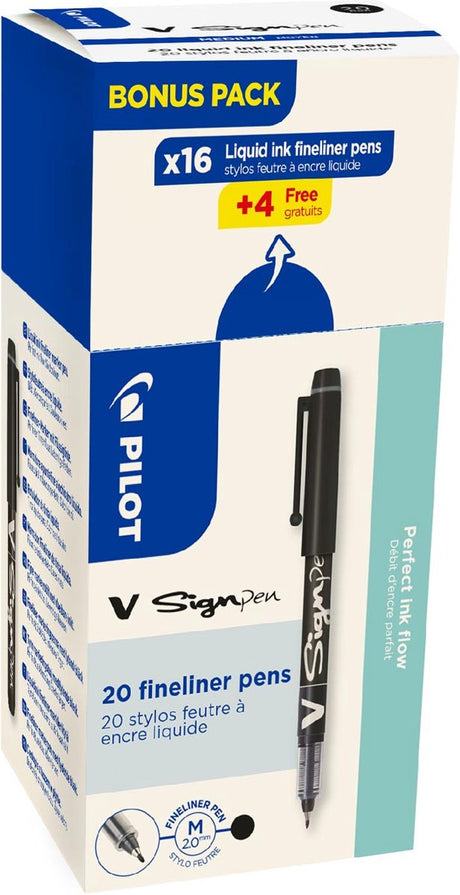 Pilot fineliner v-sign pen, æske med 16 + 4 stk, sort