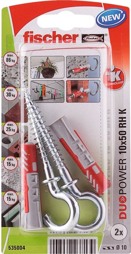 Fischer duopower serie - universalstik med rund krog - 10x50mm - sæt af 2 - grå rød