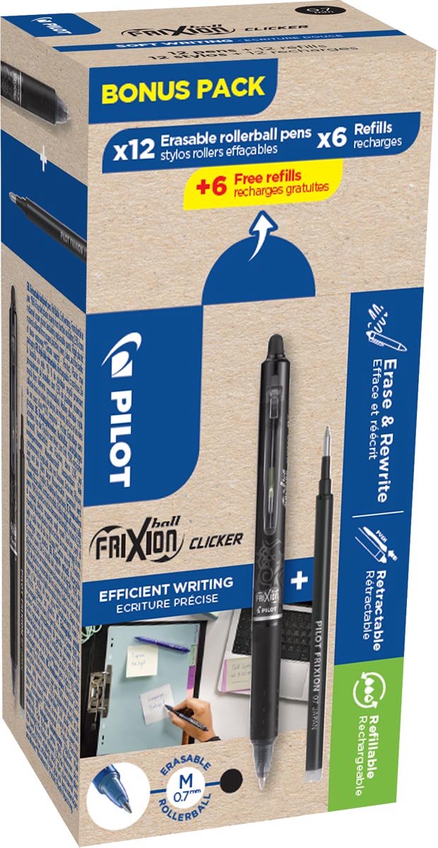 Pilot frixion bold klikker | 12 ruller og 6+6 refills 0 | 7 mm | sort