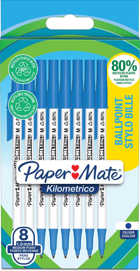 Paper mate kilometrico kuglepenne | lang skrivetid med medium punkt (1,0 mm) | blåt blæk | 80 % genbrugsplast | 8 stk