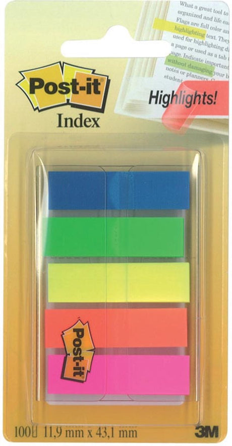 Post-it indeks post-it® indeks gennemskinnelig, bærbart sæt, grøn, orange, pink, gul, blå, 12 x 43 mm, 20 flige farvedispenser