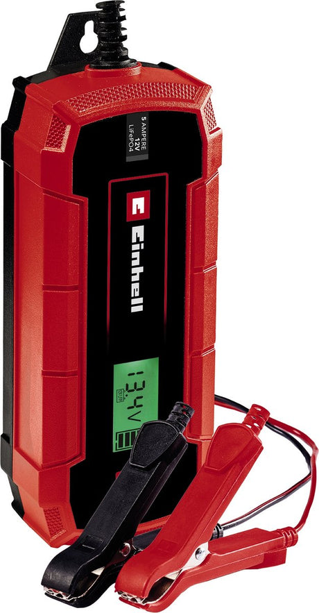 Einhell batterioplader CE-BC 5 m lifepo4 - ladespænding: 12 V - max. ladestrøm: 5 A - batterier fra min. 2 til max. 120 Ah - vedligeholdelsesopladningsfunktion - velegnet til gel, AGM, vedligeholdelsesfri bly-syre batterier