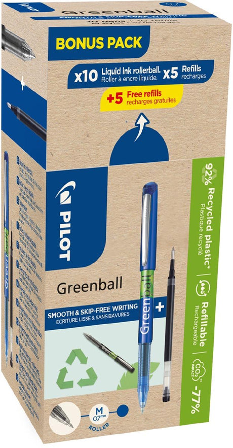 Pilot greenball rulle | mellempunkt | 10 ruller + 10 refills | medium | blå