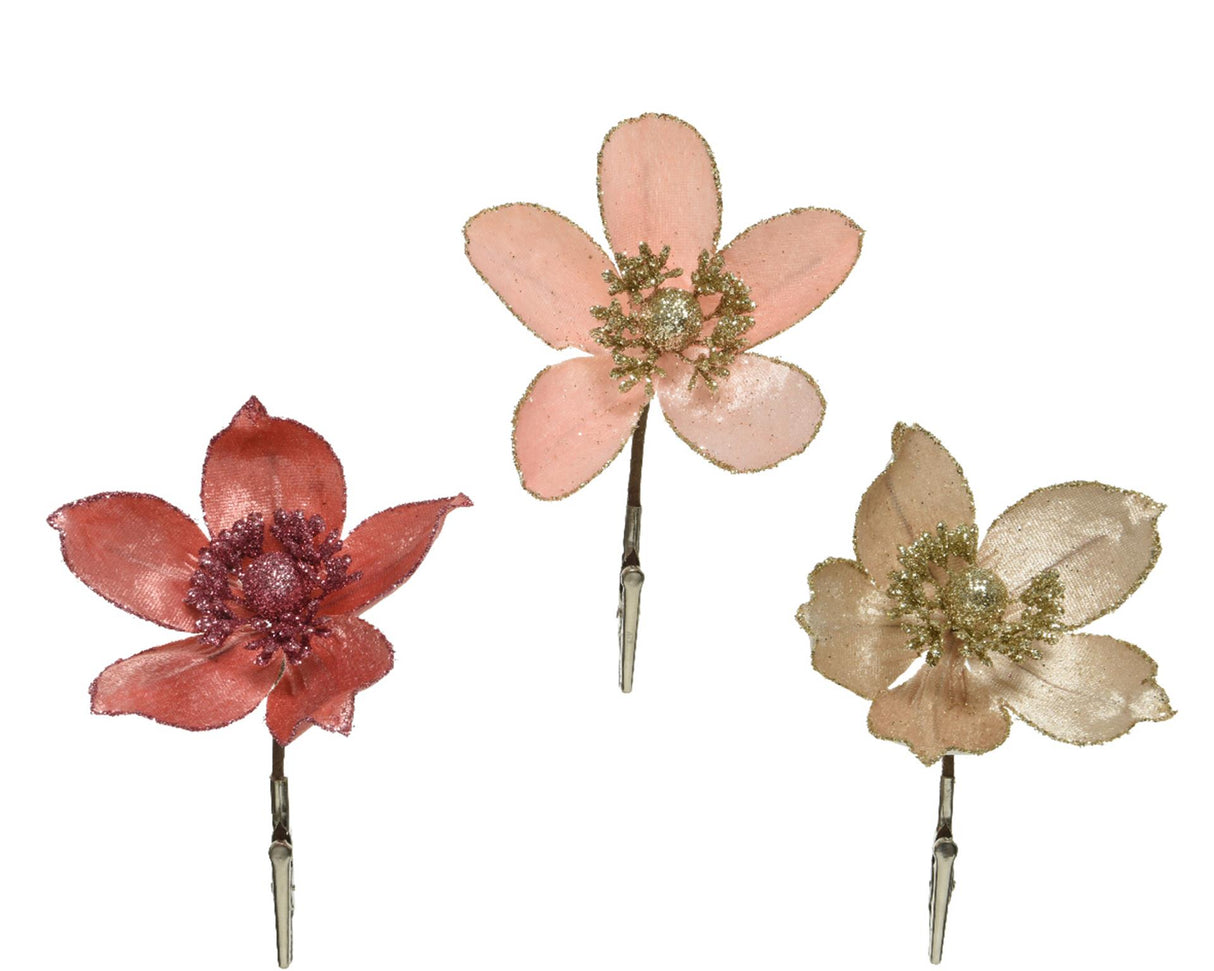 Decoris blomst med glitter på klip dia12cm
