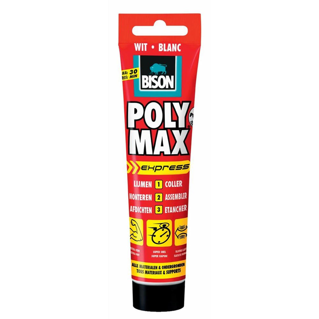 Bison poly max express hvidt rør 165 gram, monteringslim, limning, montering og tætning, unik SMP teknologi, opløsningsmiddelfri, indendørs og udendørs, næsten alle overflader