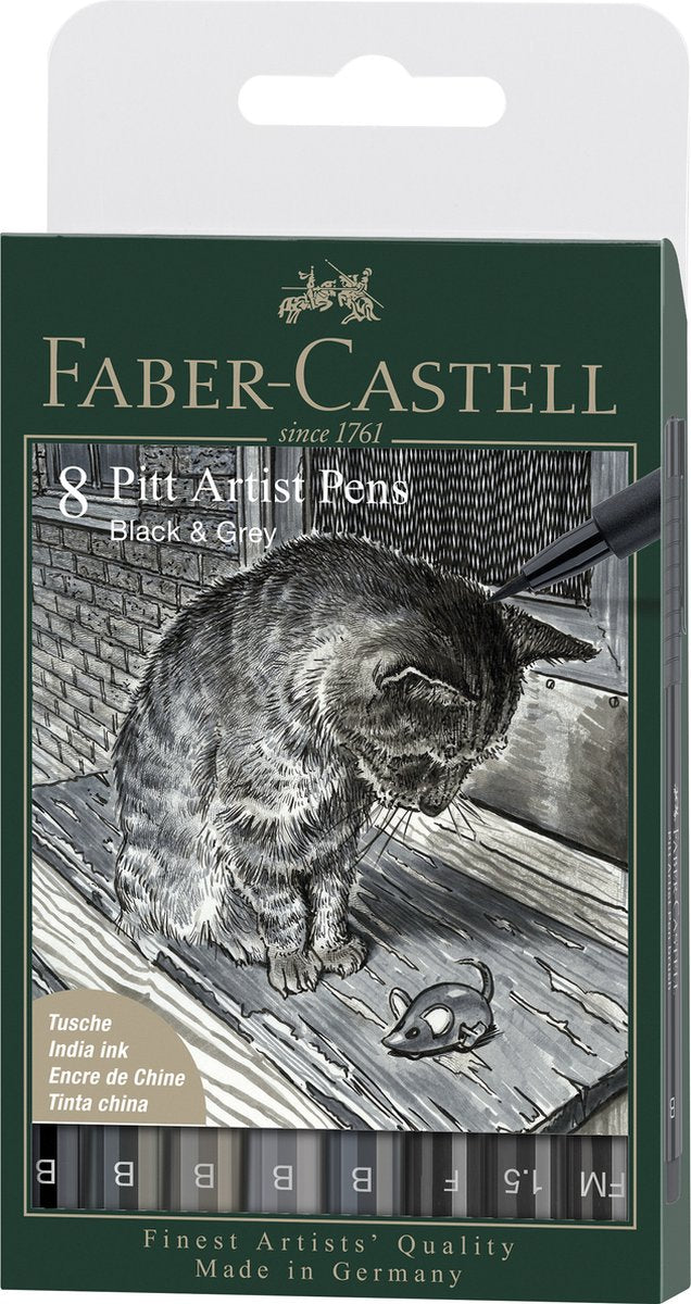 Faber-castell tegnepen - fineliners - pitt artist pen - sort + grå - 8-delt æske linjebredde fm, 1,5, f, 5x b - fc-167171