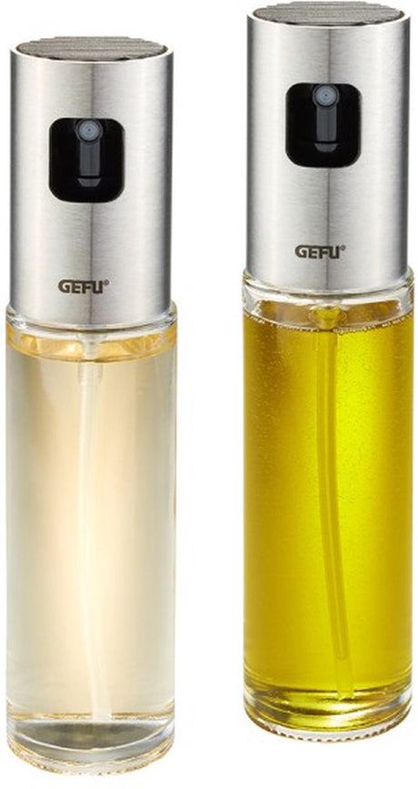 Gefu neva olie- og eddikesprøjter – sæt med 2 – 2x 100 ml – glas rustfrit stål – lækagesikret – tåler opvaskemaskine