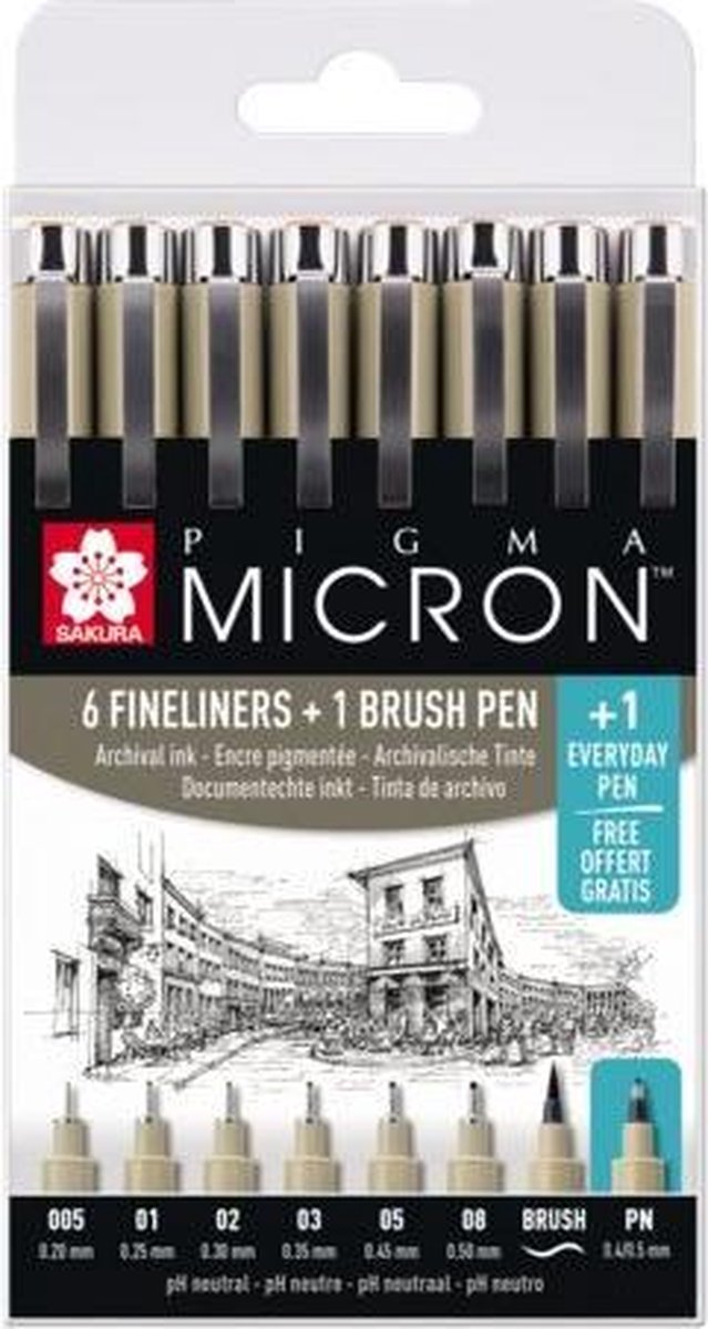Sakura pigma micron fineliners - reklamesæt etui - 7 fineliners sort og 1 pigma micron PN
