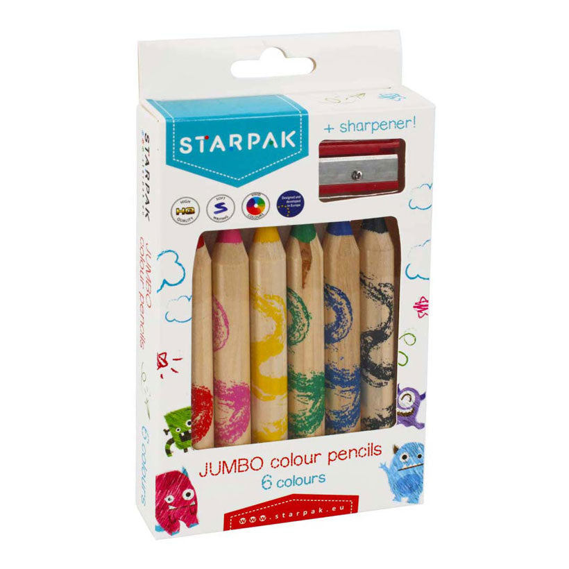 Jumbo blyant farveblyanter, 6 stk. + blyantspidser