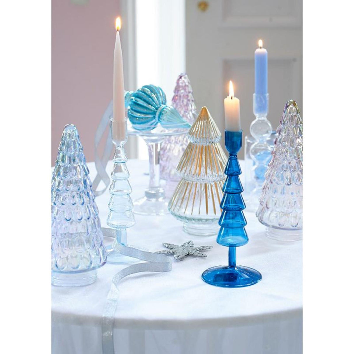 Decoris dekorativt juletræ lavet af glas med iriserende effekt iris sølv iris blush pink iris lilla breeze dia10,8x23,5cm