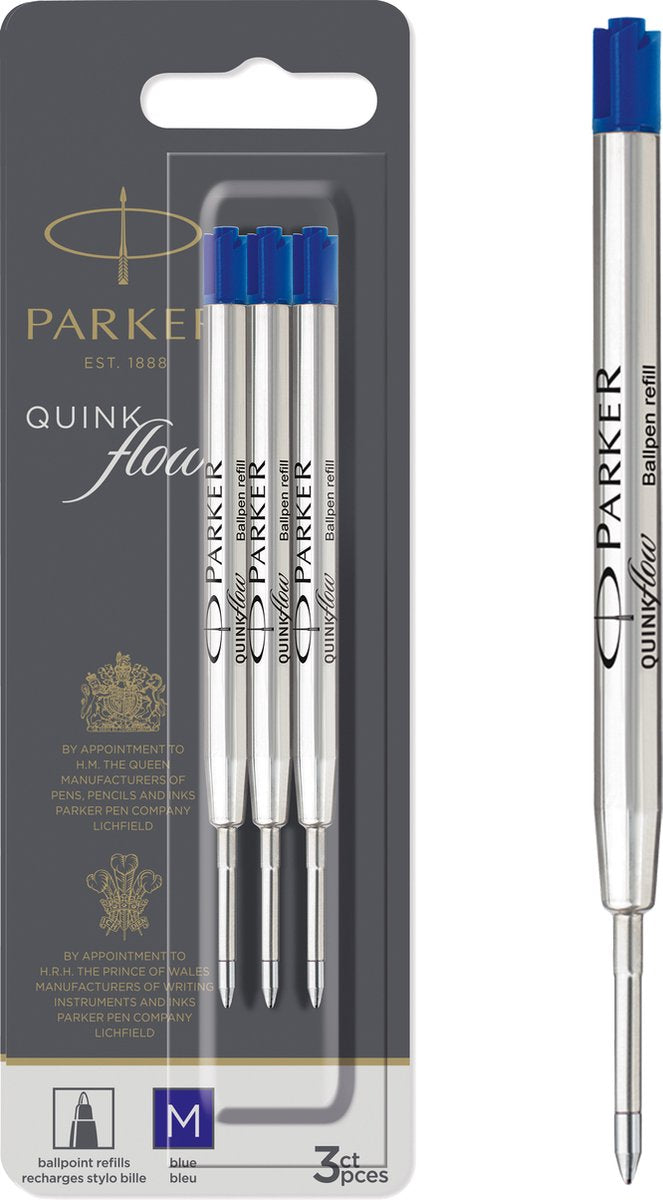 Parker ballpoint pen refill - medium point - blue quinkflow ink - 3 pieces