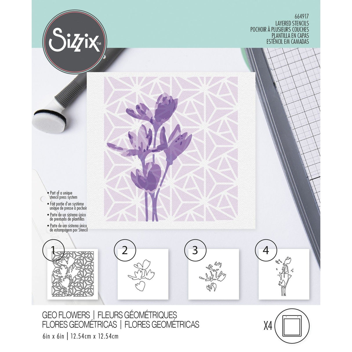 Sizzix • lagdelte stencils geo blomster 4 stk