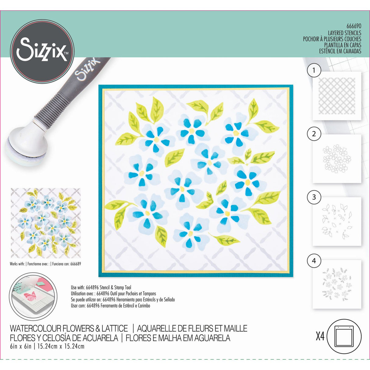 Sizzix • lagdelt stencil akvarel blomster gitter 4 stk