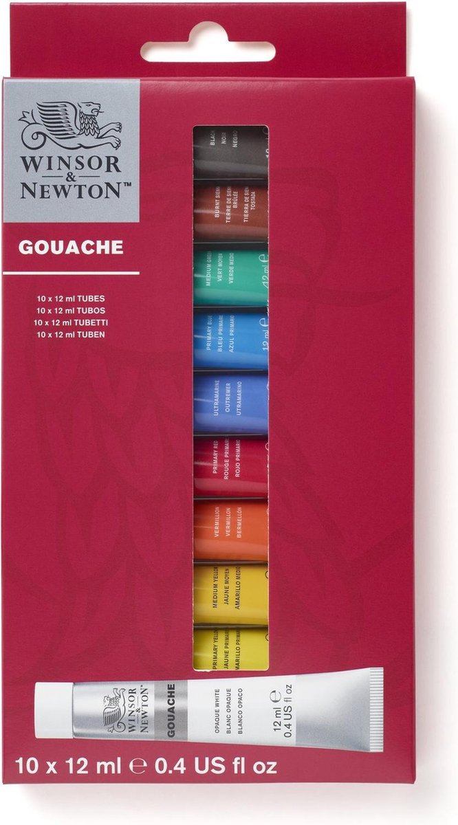 Winsor Newton 0890001 gouachesæt – 10 x 12 ml – uigennemsigtig, lysægte, blandbar temperamaling, mat – startsæt