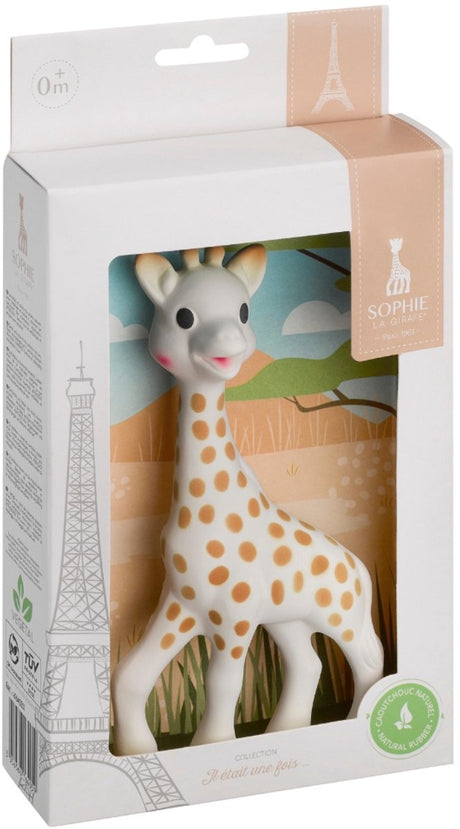 Sophie the giraffe - børnelegetøj - børnelegetøj - babylegetøj - barselsgave - baby shower gave - i hvid gaveæske med savanne farver - 100% naturgummi - fra 0 måneder